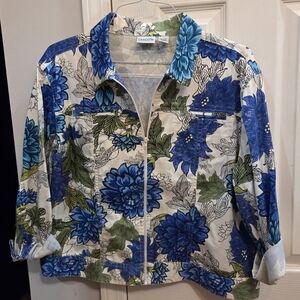 CHICOS vibrant Blue Floral Zip Up Jacket